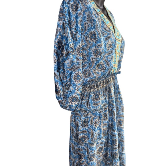 boho-style paisley print maxi dress V-neckline bell sleeves xl blue women - Picture 5 of 12